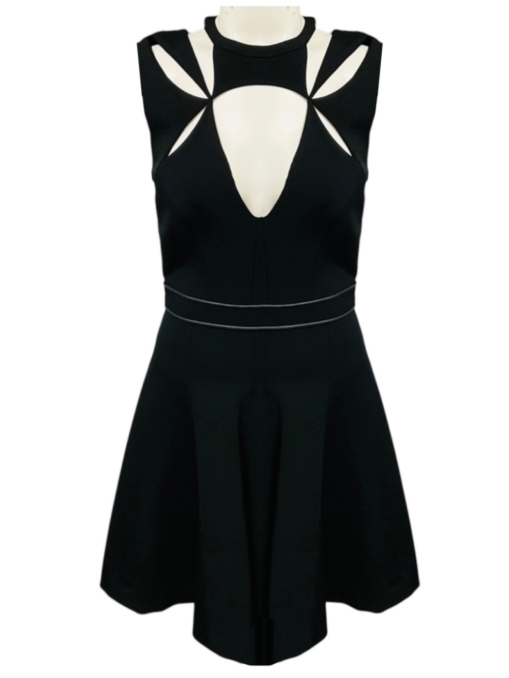 J. MENDEL BLACK CUT OUT DETAIL NYLON STRETCH SLEEVELESS FLARED DRESS WITH LAMB L